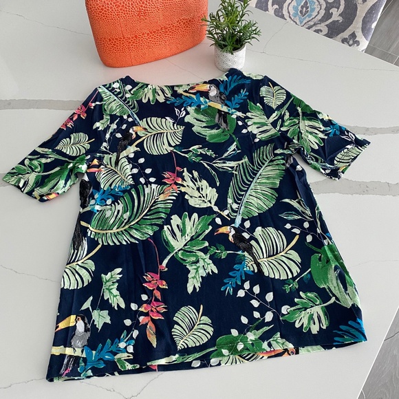 NWT Chicos Cotton Modal Navy Print Elbow Sleeve Tee Sz M - Picture 7 of 8